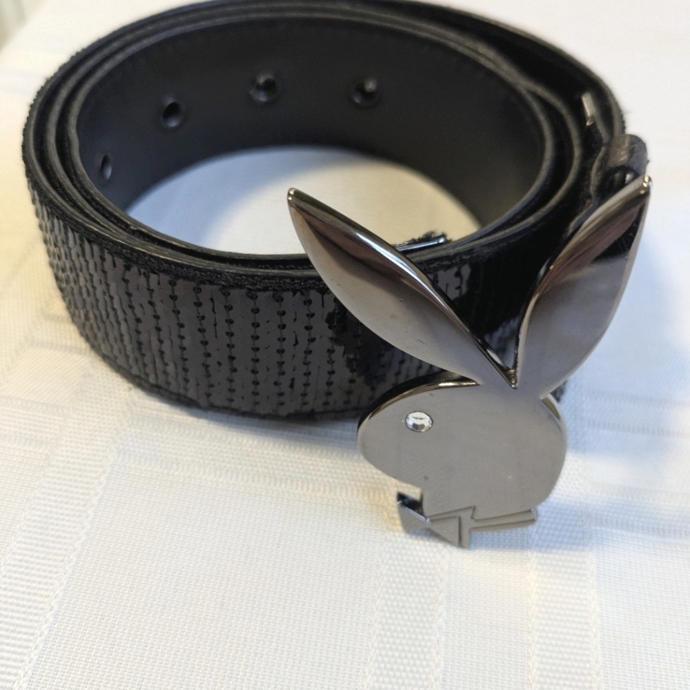 PLAYBOY Bunny Logo With Rhinestone Eye. Black Sequin Leather Belt. Vintage 2005.